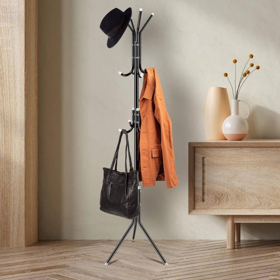 Metalen kapstok met 3 hoogtes en 12 haken stevige vrijstaande kapstok voor kleding tassen hoeden kapstok voor thuis entree kantoor gang (zwart)