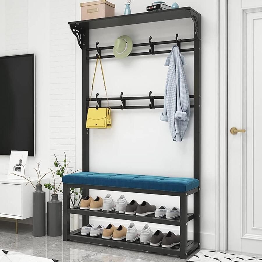 Metalen kapstok met bank en schoenenrek Modern industrieel ontwerp voor hal en entree met 8 haken en 2 niveaus voor schoenenopslag