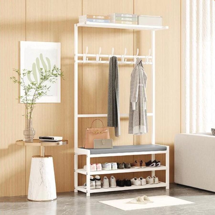 Metalen Kapstok met Schoenenbank Industriële Hal Organizer met 6 Haken en 2-laags Schoenenrek