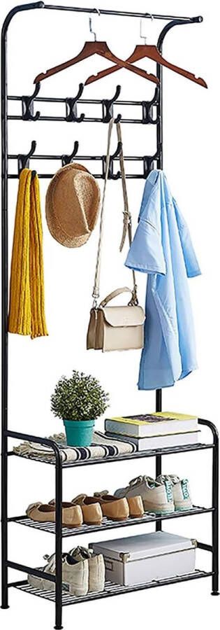 Metalen kapstok met schoenenrek 3 planken vrijstaande kapstok met 8 verwijderbare haken voor kleding hoeden kommen handtassen paraplu 2 planken