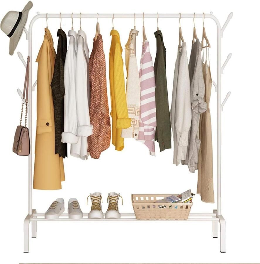 Metalen kledingrek droogrek met opbergrek en zijhaken voor de slaapkamer wit Opvouwbare kledingrek