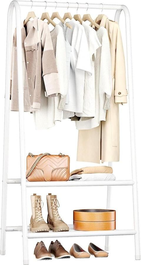 Metalen Kledingrek Duurzaam Stevig Vrijstaand A-Vormige Structuur Dubbele Bodemplank Multifunctioneel voor Slaapkamer Woonkamer Wit