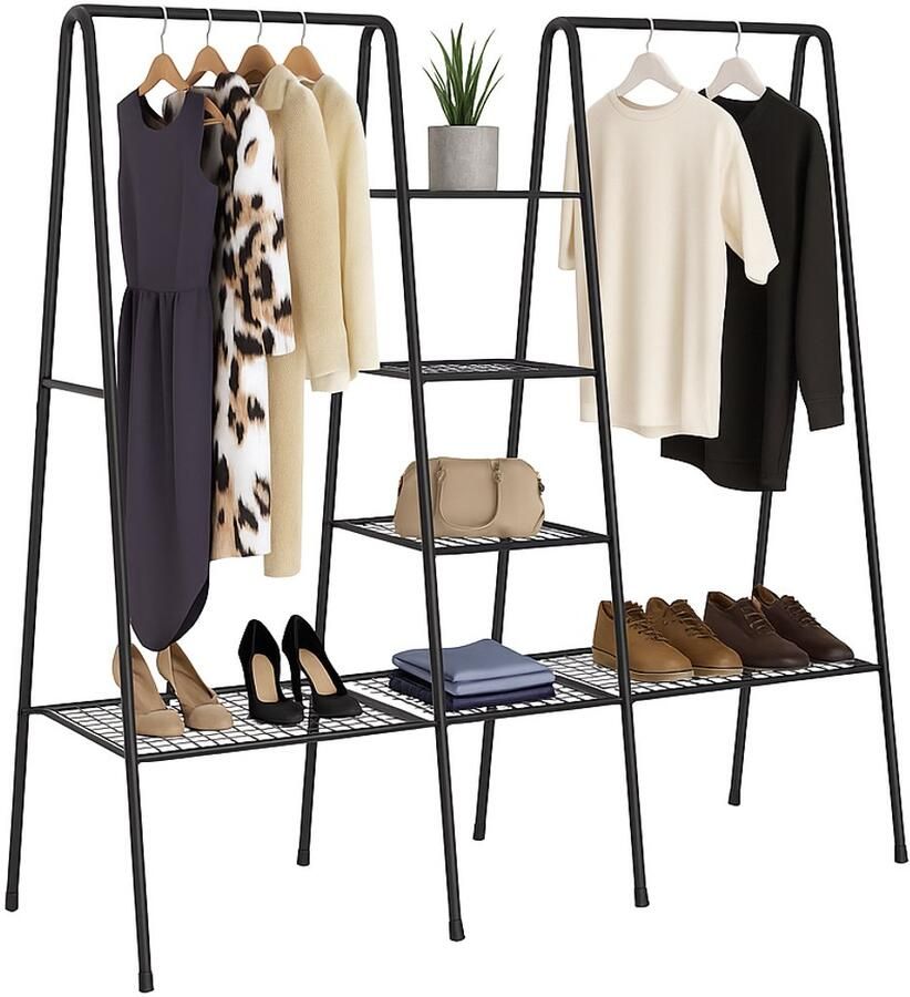 Retadou Metalen kledingrek kledingstang kapstok met schoenenrek zwart