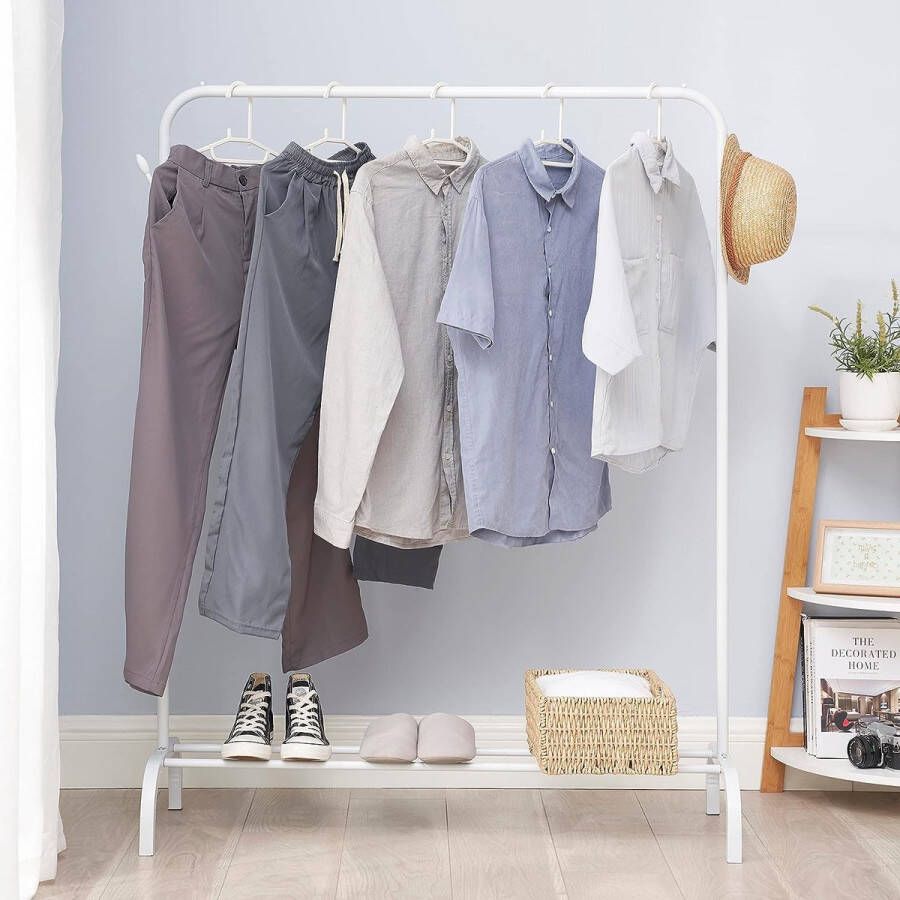 Metalen kledingrek kledingstang met onderframe en 2 haken multifunctionele garderobestandaard slaapkamer kledingrek wit