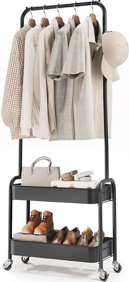 Metalen kledingrek met dubbele opbergplanken compact en rolbaar voor optimale ruimtebesparing