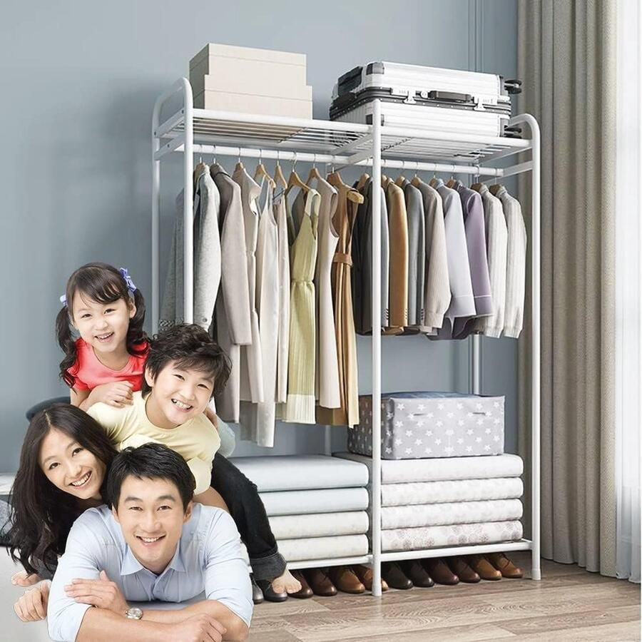 Metalen Kledingrek met Dubbele Ophangstang en 4 Opbergplanken Vrijstaand Kledingrek voor Slaapkamer met Grote Opslagruimte
