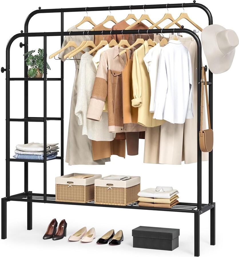 Metalen Kledingrek met Dubbele Stang 126x158cm Vrijstaand Kledingrek met Bodemplank en Haken Zwart Multifunctioneel ClothesRack voor Slaapkamer