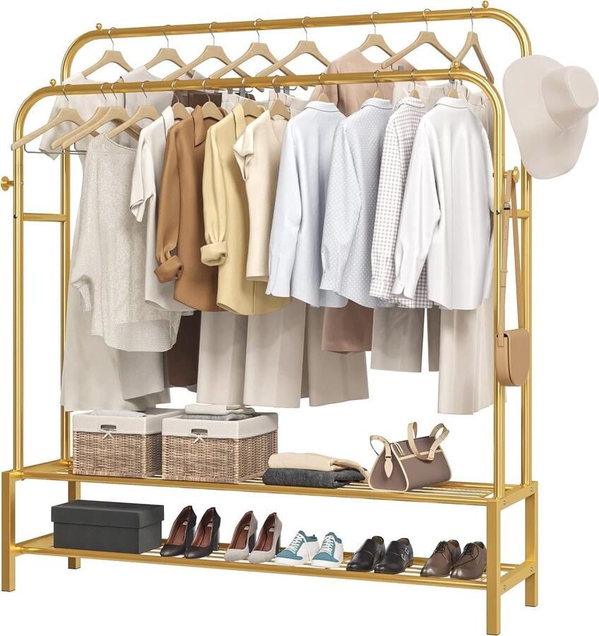 Metalen Kledingrek met Dubbele Stang en Antislipvrijstaand Design – Multifunctioneel voor Slaapkamer en Kledingopslag