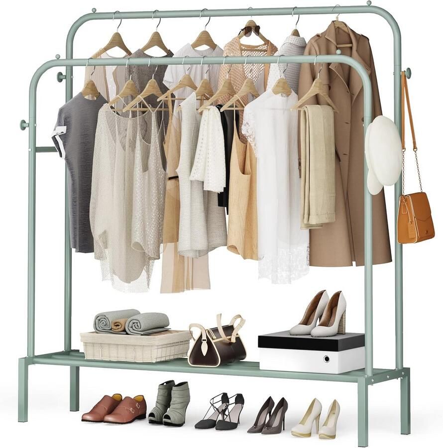 Metalen Kledingrek met Dubbele Stang Vrijstaand Kledingrek met Opbergruimte voor Slaapkamer en Woonkamer 111x141.5cm Groen