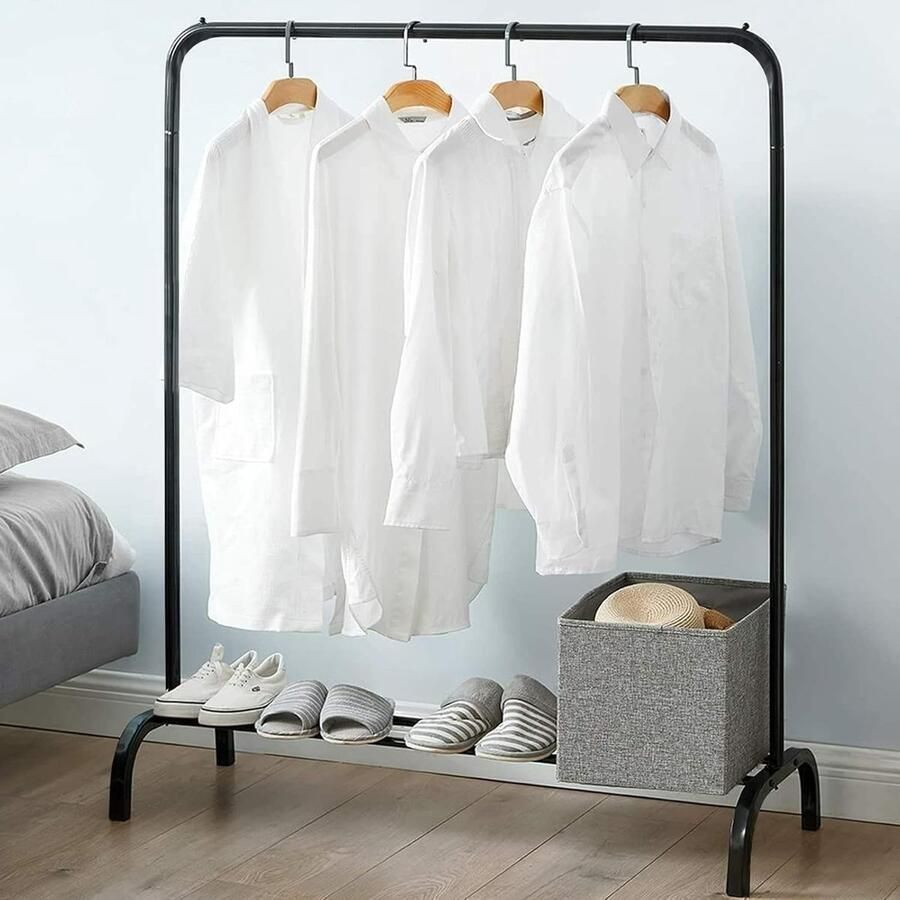 Metalen kledingrek met ophangrail en opbergplank zwart multifunctioneel
