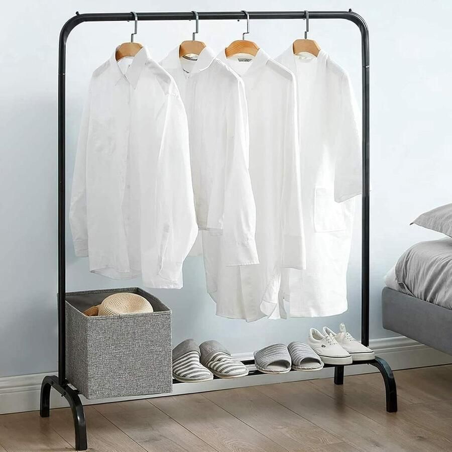 Metalen kledingrek met ophangrail en plank zwart multifunctioneel