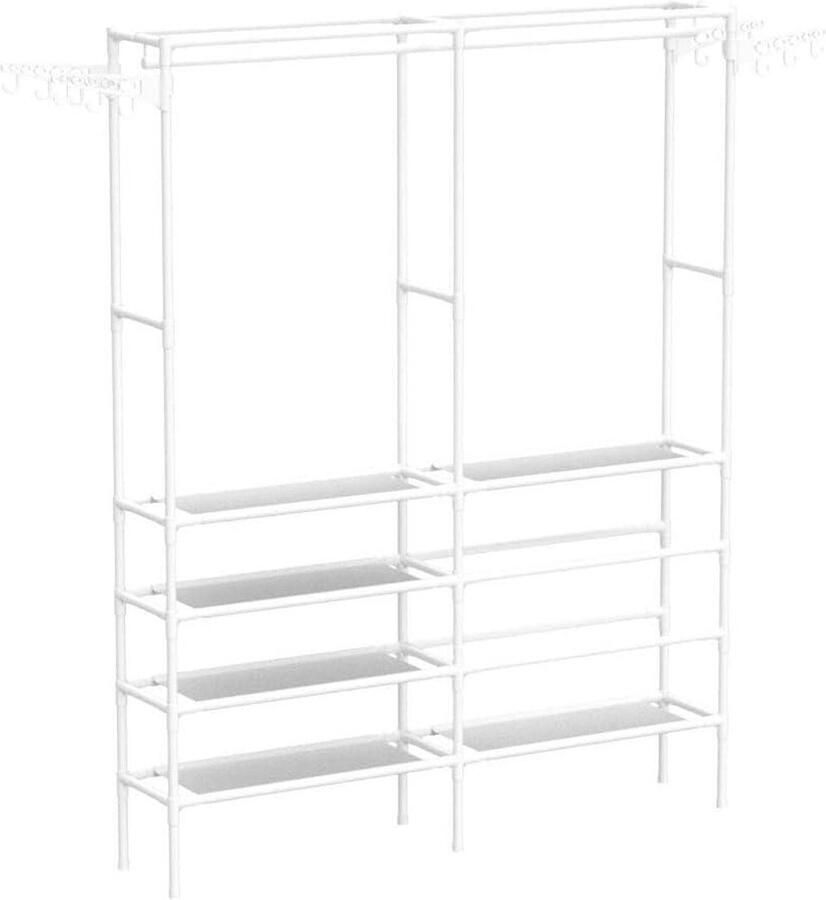 Metalen kledingrek met topstaaf en opslagrekken voor huis slaapkamer en wasruimte (wit) Vrijstaand staande kleerhanger Opvouwbare kledingrek