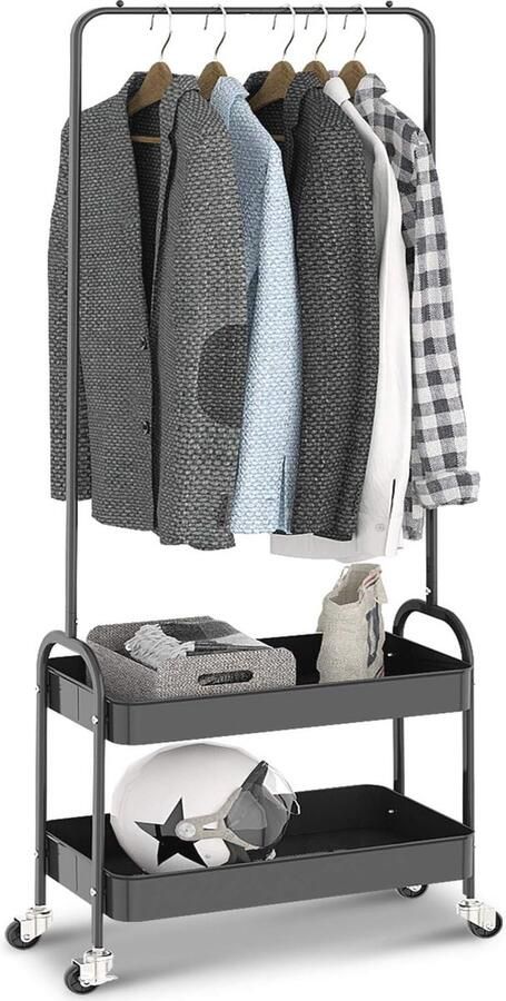 Metalen Kledingrek met Wielen Vrijstaand Opbergtrolley voor Jassen en Schoenen