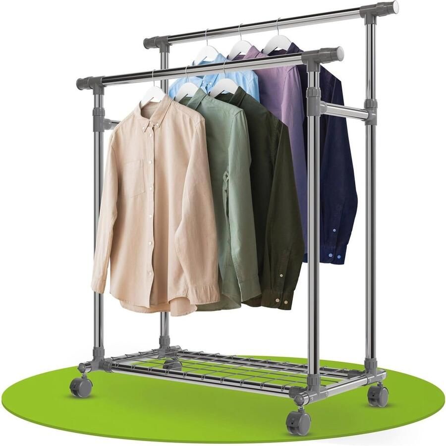 Metalen Kledingrek op Wieltjes Traploos Hoogte Verstelbaar met Uittrekbare Stangen en Plank Mobiele Kapstok voor Stabiele Kledingopslag