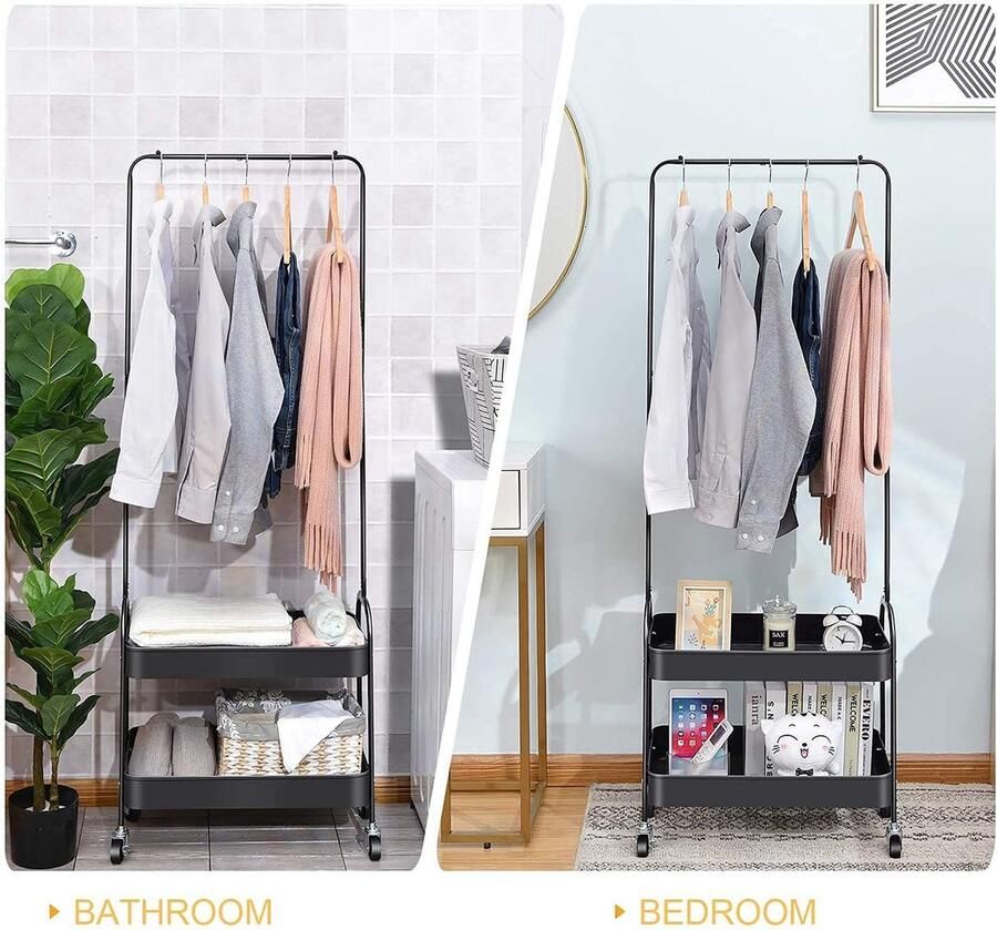 Metalen kledingrek Opbergtrolley Rollende winkelwagen Vrijstaand Kledingrail op wielen Zware kledingrek Coat Rail Display Stand Doek Hanger Met 2 Tier Opbergplank Zwart