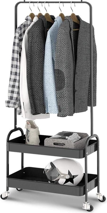 Metalen kledingrek Opbergtrolley Rollende winkelwagen Vrijstaand Kledingrail op wielen Zware kledingrek Coat Rail Display Stand Doek Hanger Met 2 Tier Opbergplank Zwart kapstok hangend met plank