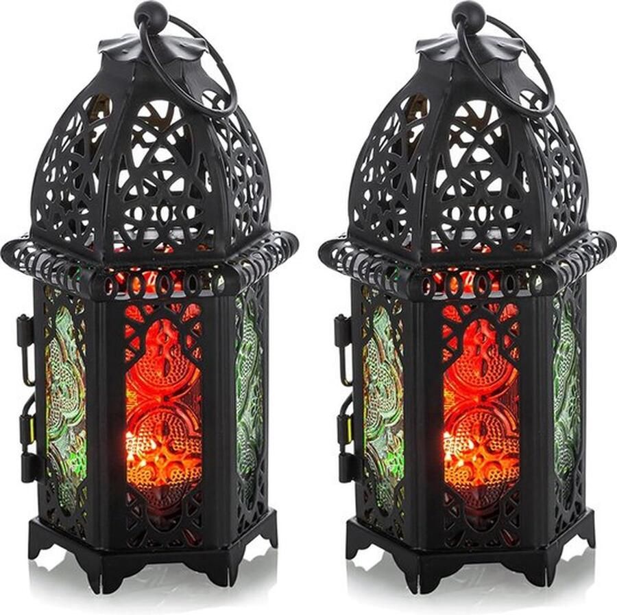 Metalen kleine theelichthouders 2 stuks bruiloft middenstukken kleurrijk glas hangende lantaarns bruiloft huis tafeldecoratie vogelkooi zwart kaarshouder Marokkaanse lamp