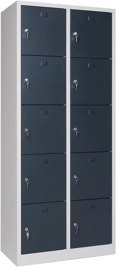 Metalen Lockerkast met 10 Compartimenten en Afsluitbare Deuren voor Opbergruimte in Sportschool Kantoor en School Antraciet 190x80x45 cm