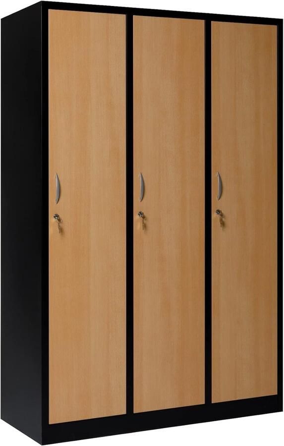 Metalen Lockerkast met 3 Afsluitbare Deuren Opbergkluisjes voor Sportschool Kantoor en School Volledig Gemonteerd Beuken 180x120x50 cm