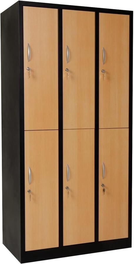Metalen Lockerkast met 6 Compartimenten en Afsluitbare Houten Deuren Ideaal voor Sportschool Kantoor en School