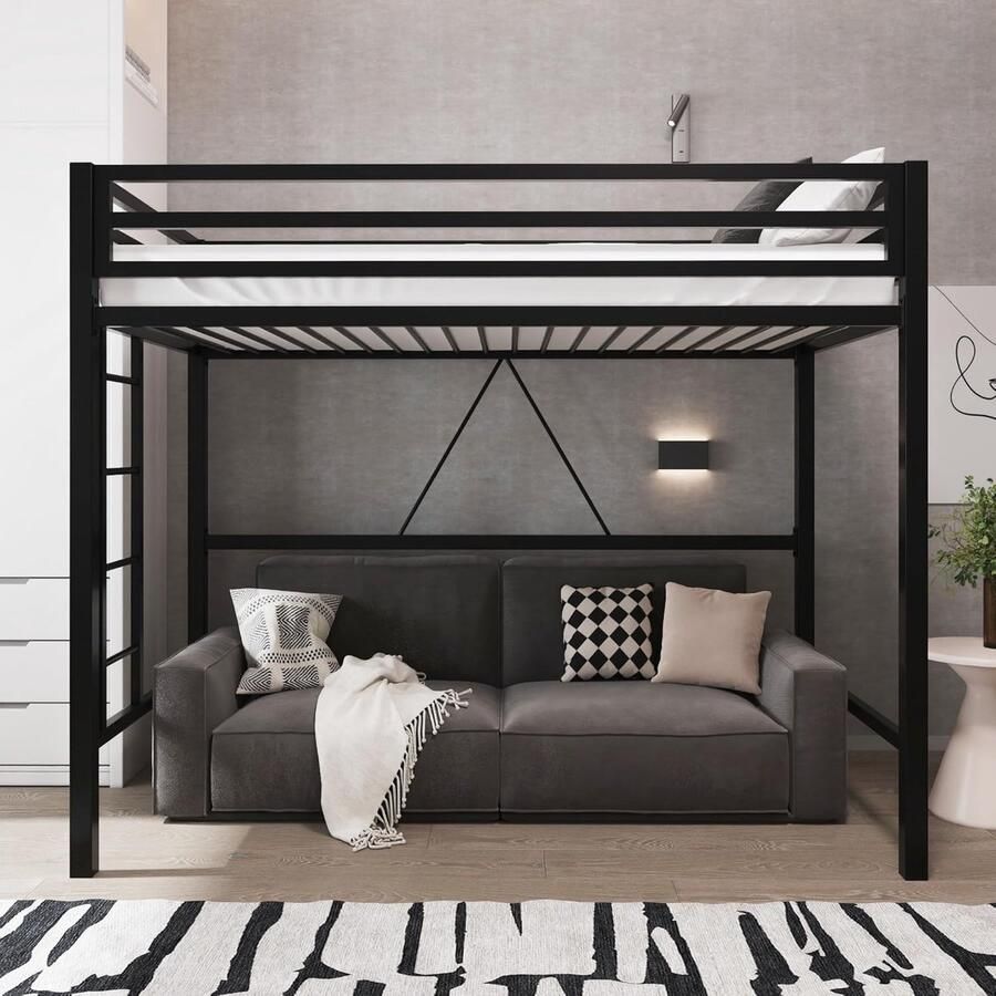 Metalen Loft Bed Twin Size met Vangrail Ruimtebesparend Ontwerp voor Slaapkamer Geen Boxspring Nodig Zwart