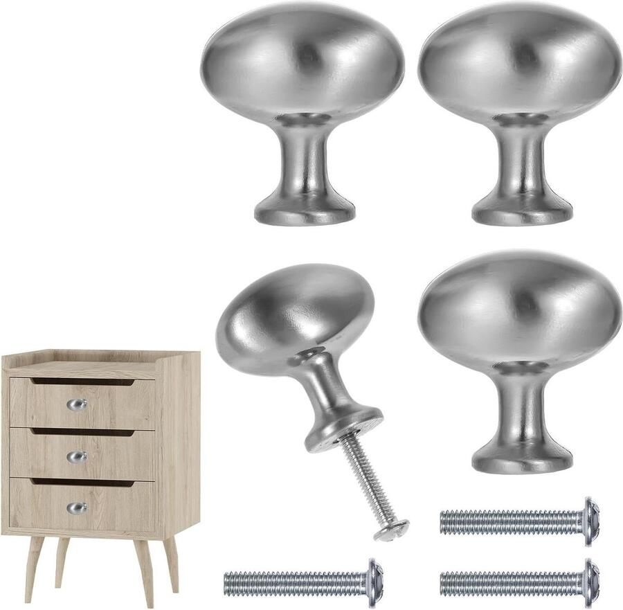 Metalen meubelknoppen 32 mm set van 4 met schroeven voor kasten en lades zilver