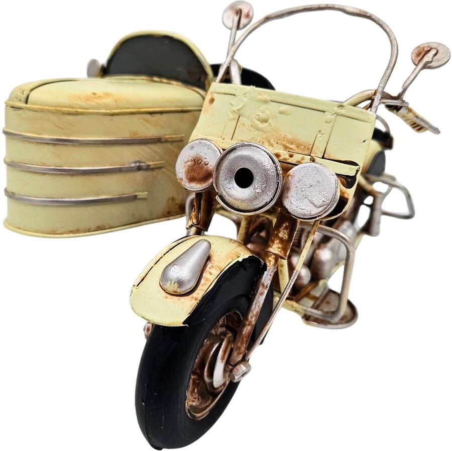 Metalen motor met zijspan decoratie – vintage tinnen motorfiets model – retro woondecoratie voor mancave kantoor of vitrinekast