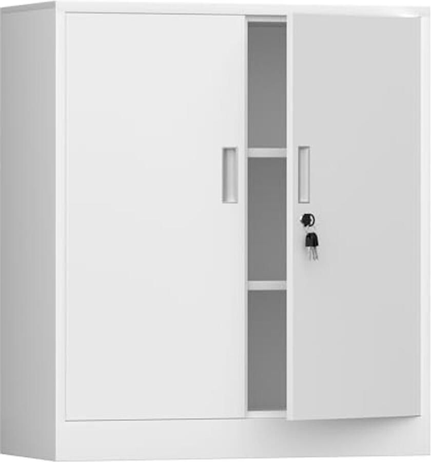 Metalen opbergkast met afsluitbare deuren en verstelbare planken 92 cm hoog Wit