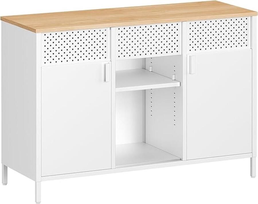 Metalen opbergkast met dubbele deur – Dressoir met magneetsluiting en verstelbare planken staalframe in mat wit eikenbeige (LSC204WC01)