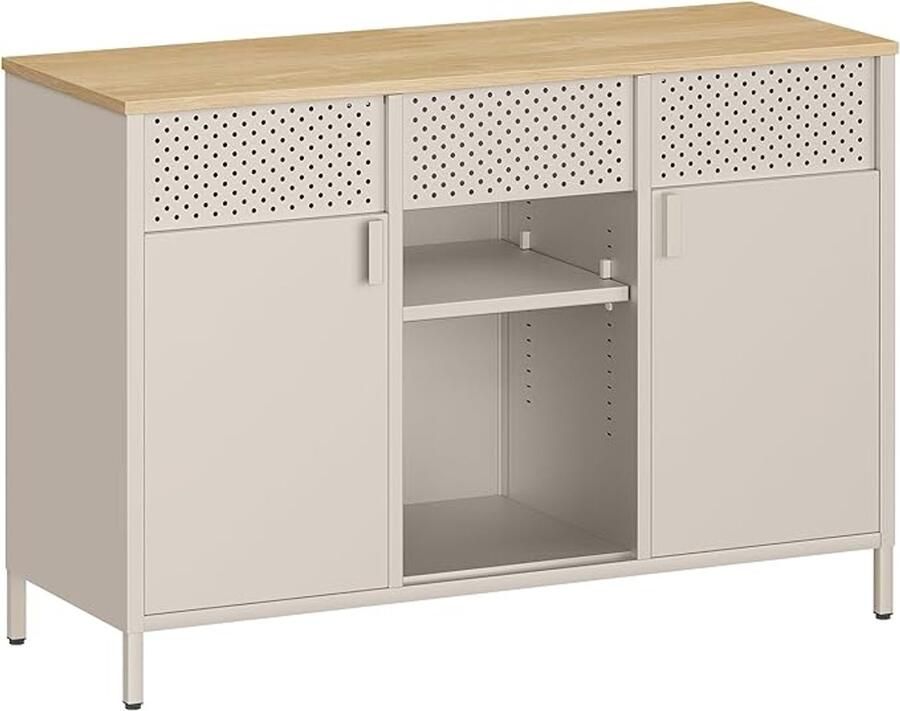 Metalen opbergkast met dubbele deur – Dressoir met magneetsluiting verstelbare planken Zandbeige Natuur eiken LSC204LF01