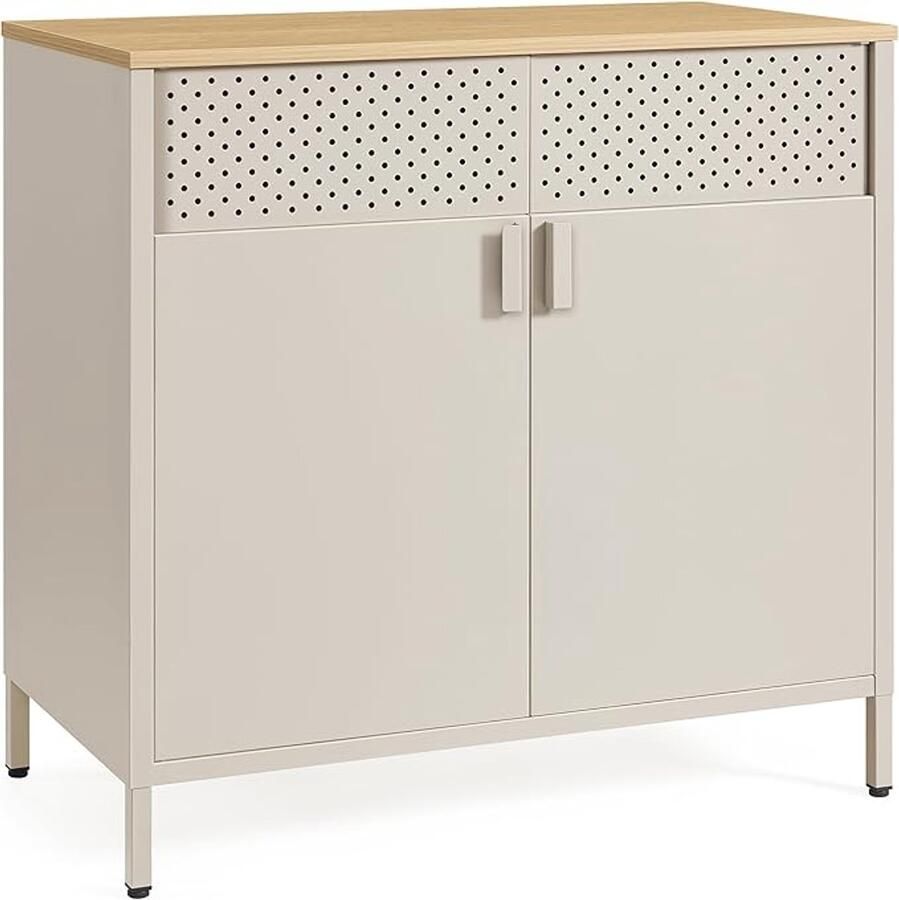 Metalen opbergkast met dubbele deur – Verstelbare plank magneetsluiting en stalen frame 40x80x76 cm zandbeige natuurbeige (LSC102L01)