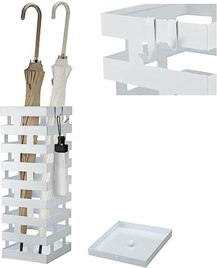 Metalen Parapluhouder met Afneembare Waterbak en Haken Vrijstaand en Stijlvol voor Thuiskantoor Wit