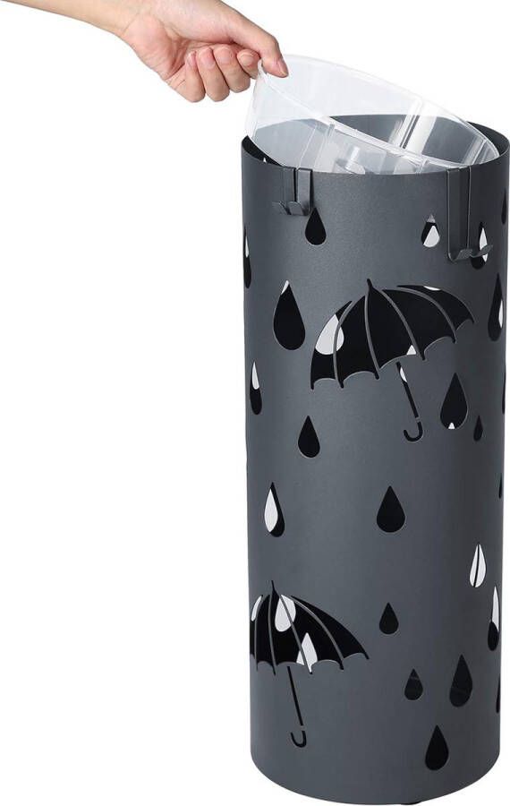 Metalen paraplustandaard parapluhouder met waterbak en haken 19 5 x 49 cm (Dia. x H) Rond Mat Antraciet Grijs LUC23AG