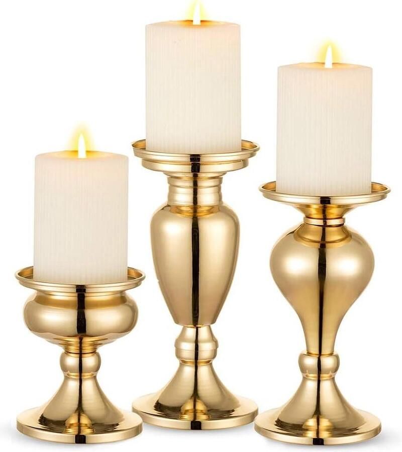 Metalen pijler kandelaars set van 3 vintage design gouden kandelaars tafel mantel open haard decor