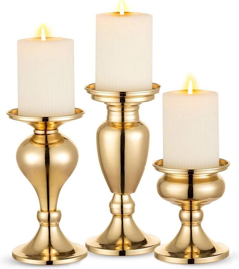 Metalen pijler kandelaars set van 3 vintage kaarsenstandaard voor pijlerkaarsen gouden kandelaars centerpieces voor tafel mantel open haard decor goud