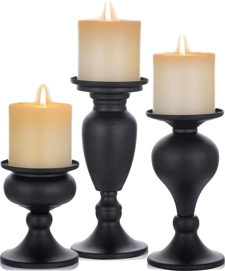 Metalen pijler kandelaars Set van 3 Zwart Centerpieces voor tafel en mantel Open haard decoratie Kaarsenhouder