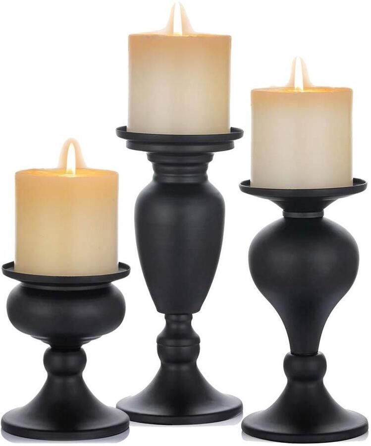 Metalen pijler kandelaars – Zwart – Set van 3 – Voor tafel mantel haard – Incl. M en L