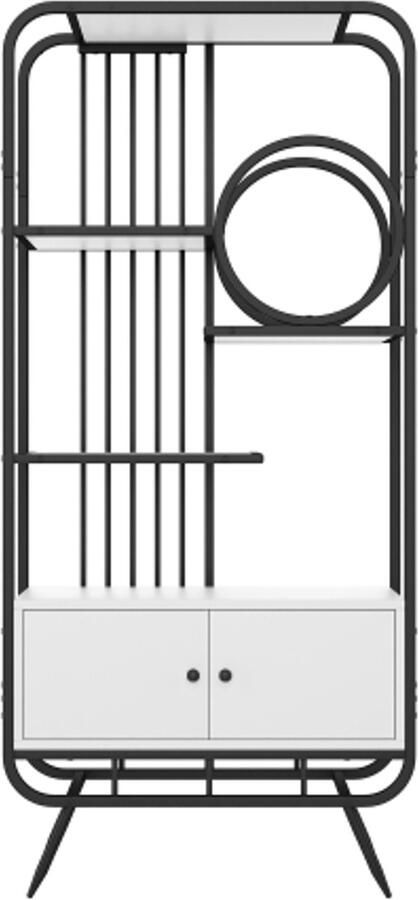 Metalen plank 80 x 30 x 180 cm witte opbergkast met dubbele deur drie planken zwarte metalen plank hoge metalen poten ronde decoratie wit + zwart