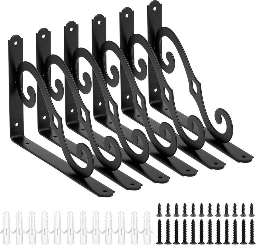 Metalen plankhouder decoratieve hoek 6 stuks zwart heavy duty