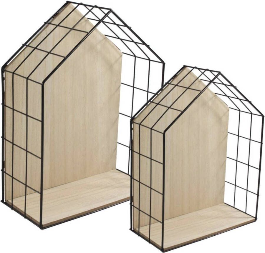 Metalen raster wandrek in huisvorm set van 2 houten hangrek tafel deco plank zwevende plank