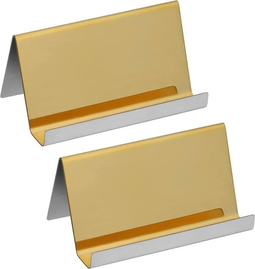 Metalen Roestvrij Stalen Bedrijfskaartjes Houder (2 Pak) Goudgekleurd met Ruimte voor 30 Kaartjes Desktop Display Standaard Geschikt voor Bureau Naamkaartjes en Balies
