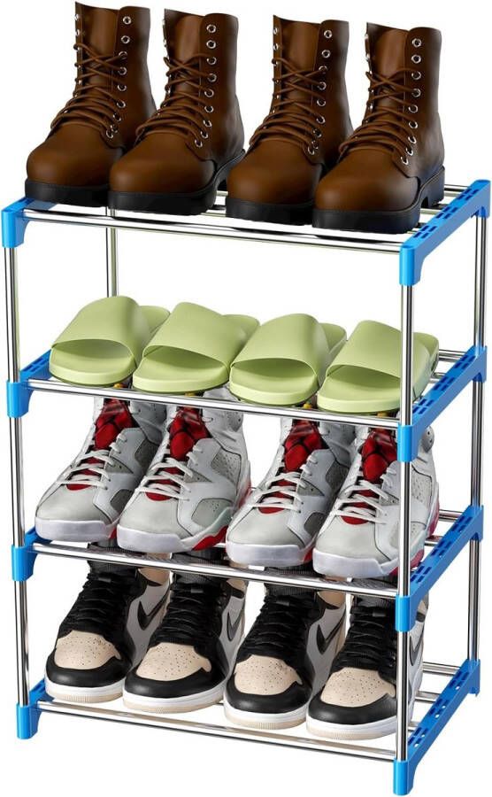 Metalen schoenenrek met 4 niveaus licht schoenenrek stapelbaar voor 8 paar schoenen schoenenstandaard voor hal woonkamer slaapkamer entree (blauw)