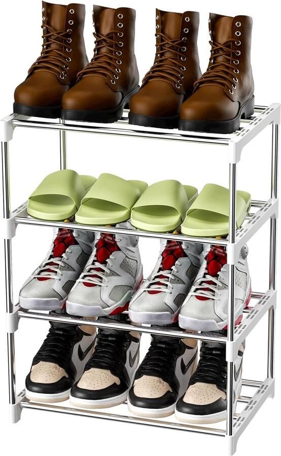 Metalen schoenenrek met 4 niveaus licht schoenenrek stapelbaar voor 8 paar schoenen schoenenstandaard voor hal woonkamer slaapkamer entree (wit)