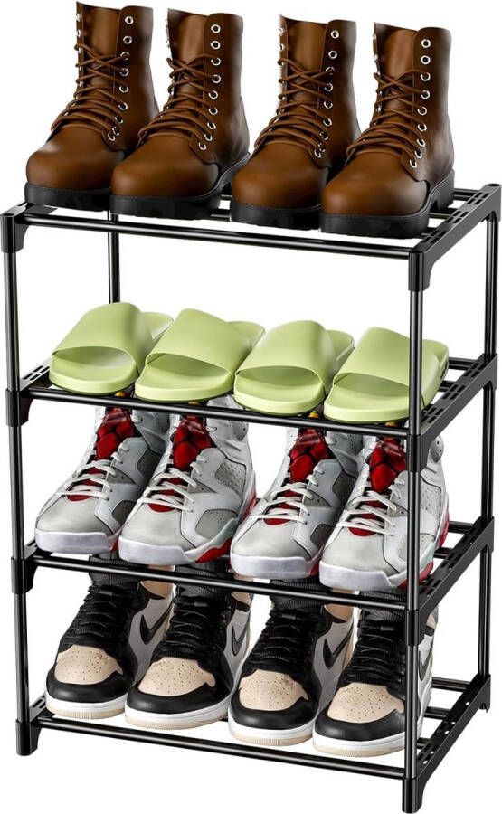 Metalen Schoenenrek Schoenenopslag met 4 niveaus Lichtgewicht Schoenenrek Stapelbaar voor 8 paar schoenen Schoenenrek voor de gang woonkamer slaapkamer entreegebied (Zwart)