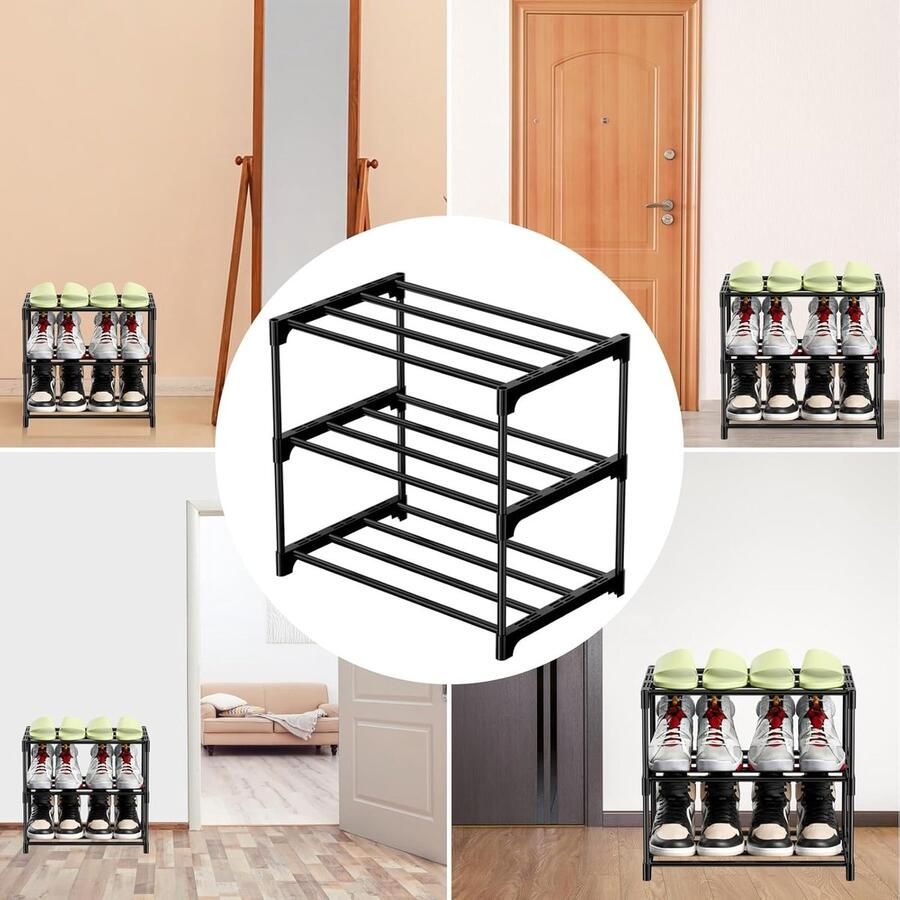 Metalen schoenenrek schoenopslag met 3 niveaus licht schoenenrek stapelbaar voor 6 paar schoenen schoenenstandaard voor hal woonkamer slaapkamer entree (zwart42*27.5*36cm)
