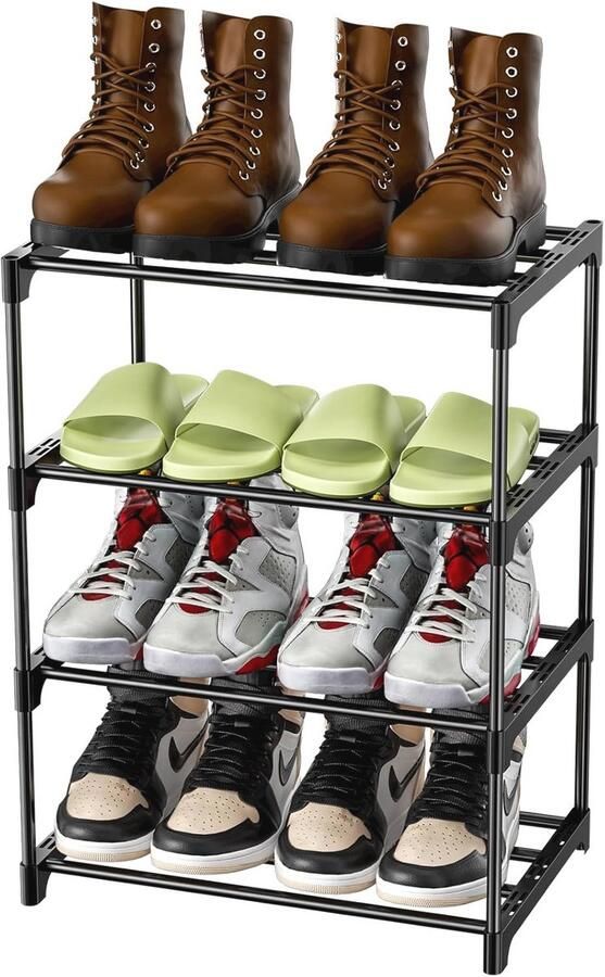 Metalen schoenenrek voor 8 paar Stapelbaar licht & 4 niveaus Zwart