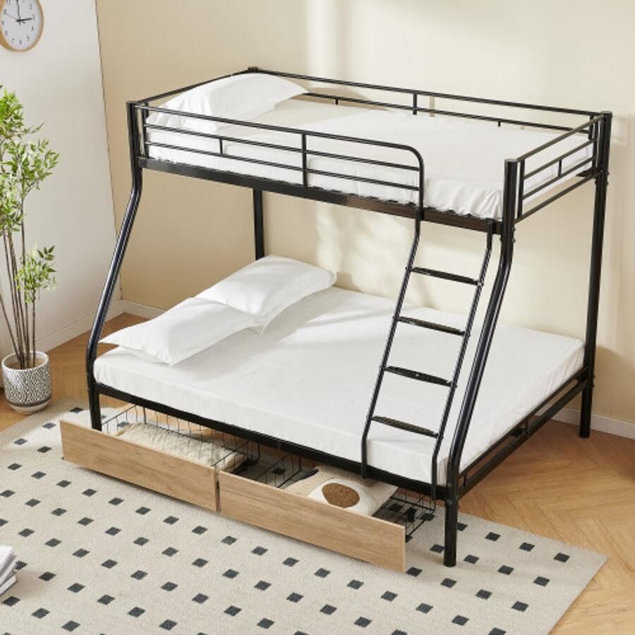 Metalen stapelbed met 2 laden lated frame veiligheidsreling Niet -geweven hoofd voor jongeren en volwassenen 138 × 200 cm 98 × 200 cm zwarte glans