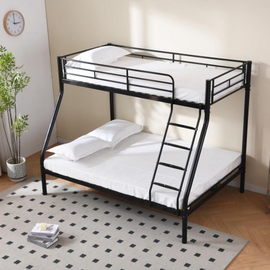 Metalen stapelbed voor jongeren volwassenen loftbed met veiligheidsreling Anti -slip ladder bovenbed 98x200cm onder bed 137x200cm zwart glanzend