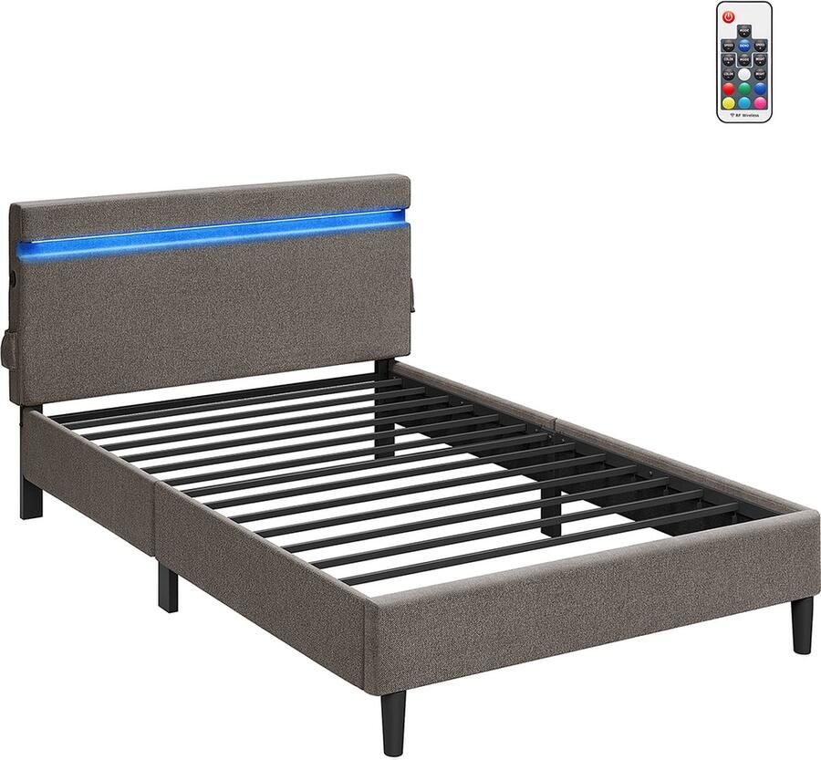 Woon Wereld Metalen tweepersoonsbed 140 x 190 cm LED-verlichting donkergrijs