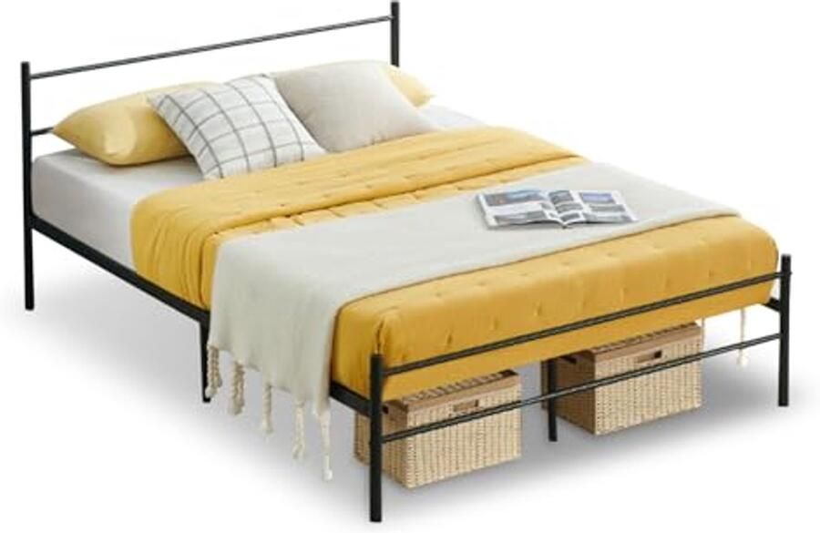 Metalen Tweepersoonsbed 140 x 190 cm Modern Jeugdbed met Lattenbodem Geschikt voor Slaapkamer en Logeerkamer